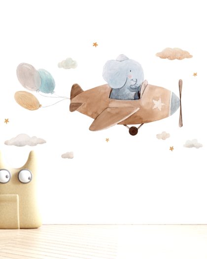 Cute Elephant Flying Airplane Removable Wall Stickers